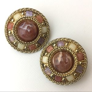 Vintage Big Runway Marbled Beads Clip On Earrings